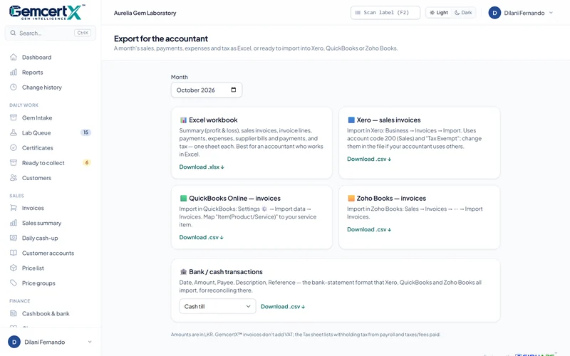 Accountant export: Excel workbook, Xero, QuickBooks and Zoho Books files