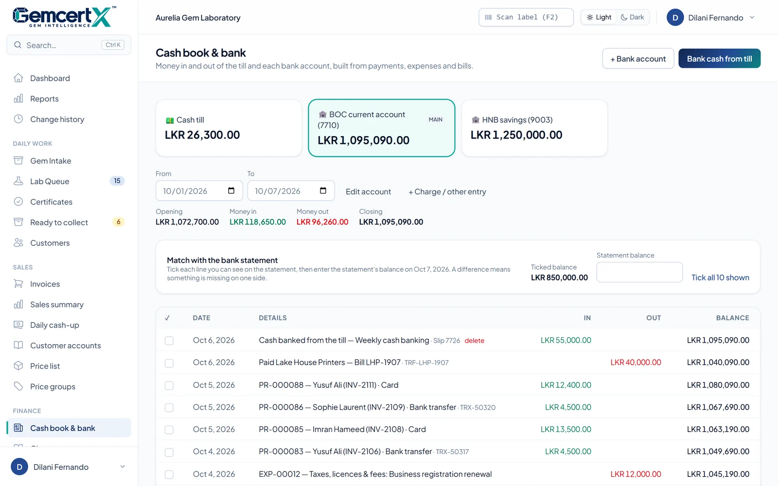 Cash book & bank: the till and two bank accounts, money in and out with a running balance, and a bank-statement match