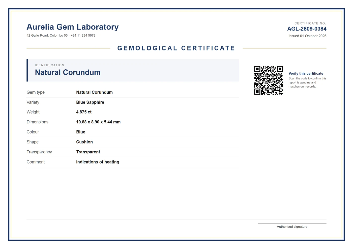 A printed gemological certificate with report number, findings and a QR code