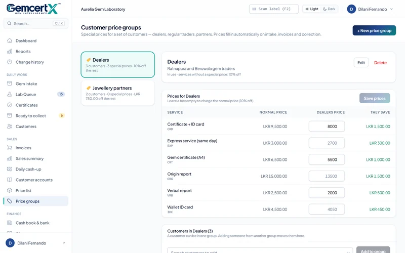 Price groups: special prices for dealers, with what each customer saves